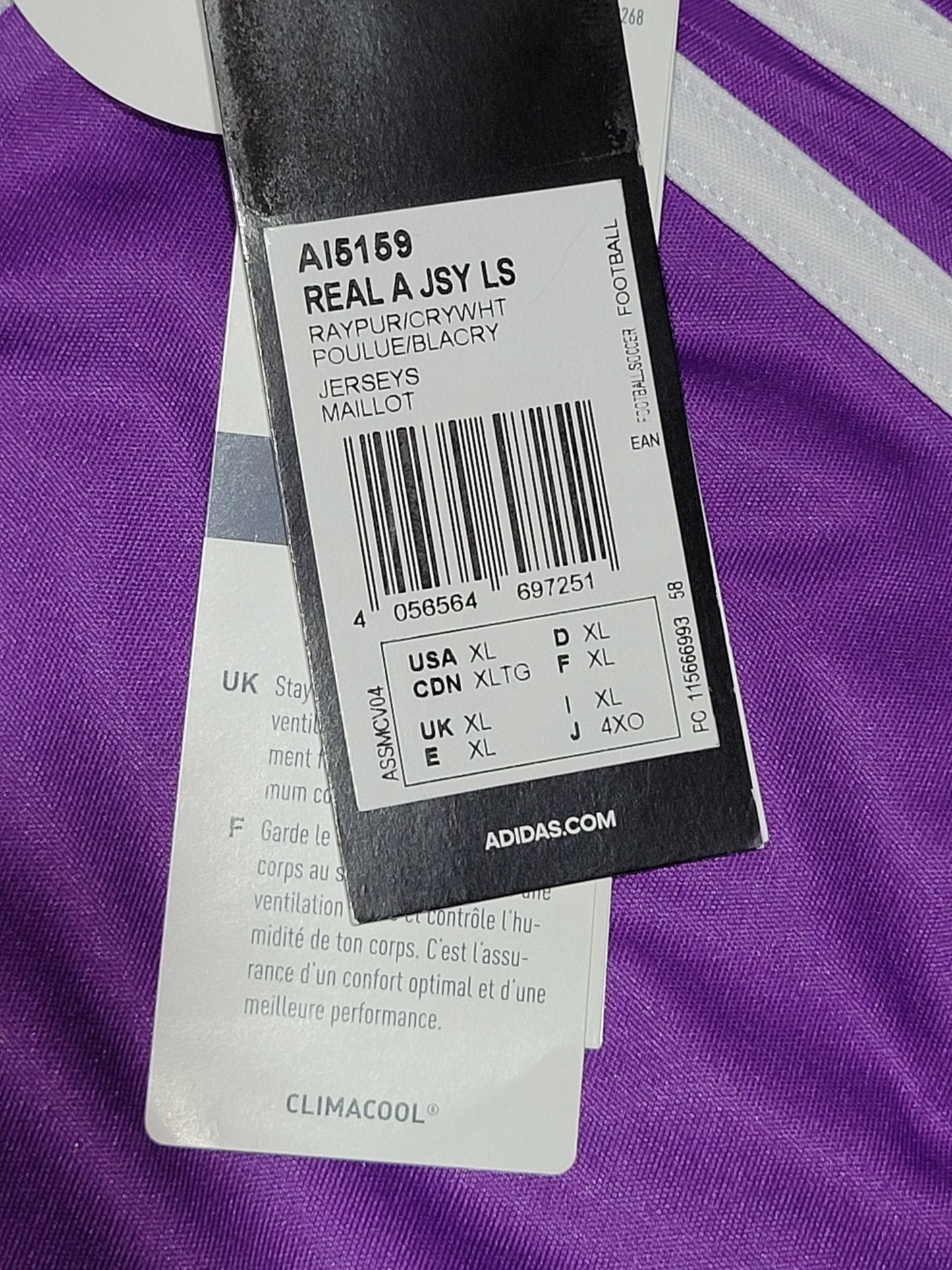 Cristiano Ronaldo Real Madrid 2016 2017 UEFA FINAL Purple Away Soccer Long Sleeve Jersey Shirt BNWT XL SKU# AI5159 Adidas